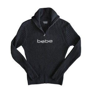 Bebe Knit Sweater Women Size L Black Ribbed Mock Neck Beaded Logo Retro Y2K 90s